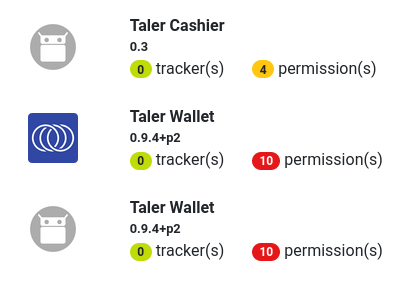 Preview of (zero) tracker and 10 permissions required by the Taler Wallet 0.9.4+p2 app on Android